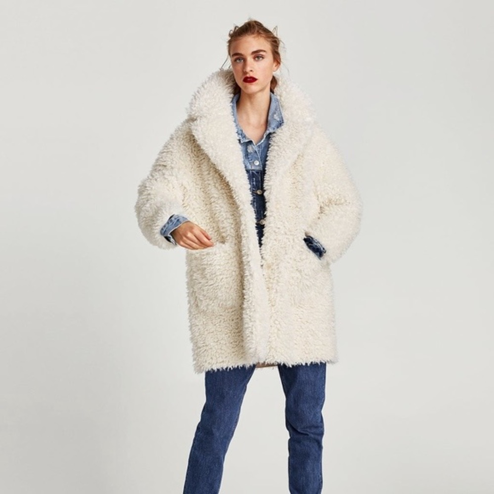 Zara | White Textured Curl Knit Teddy Coat